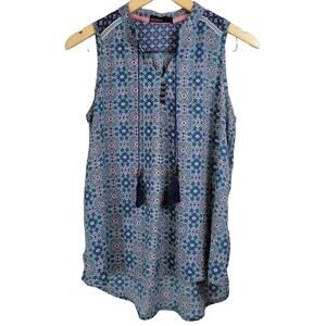 Weavers‎ Womens Sleeveless Tunic Top Geometric Print Tassel V Neck Blue